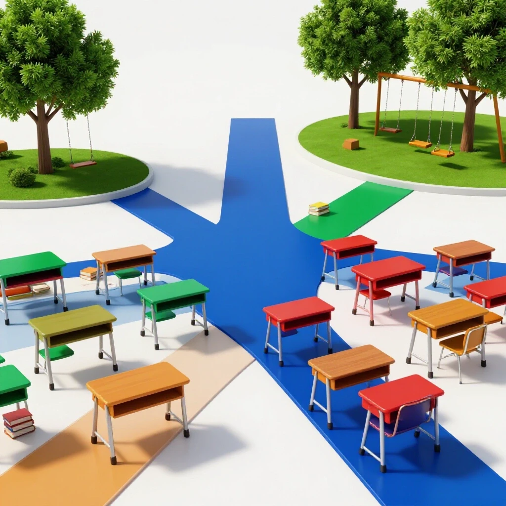 A bright crossroads with one path to colorful classrooms and the other to a vibrant green park scene, contrasting choices.