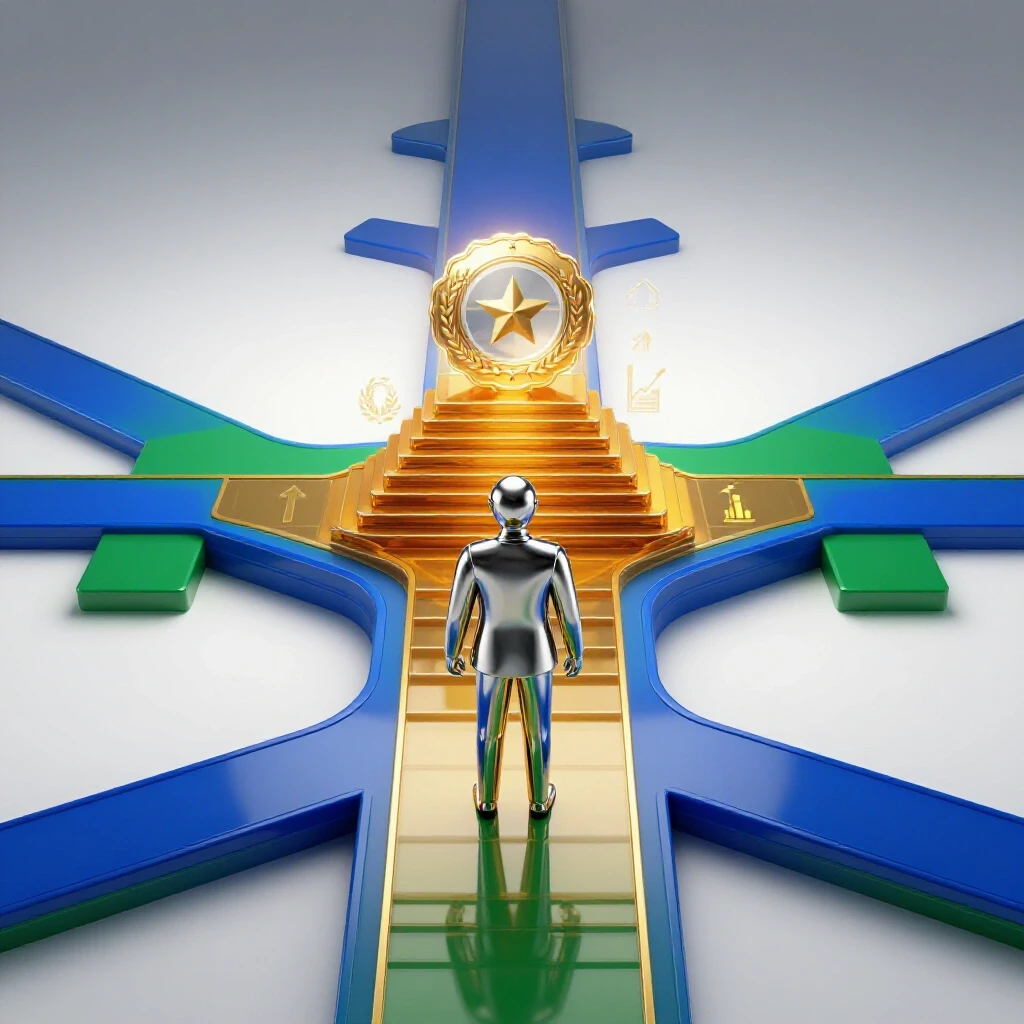A crossroads with glossy colored paths, a chrome professional figure, and a shining certification badge on upward steps, symbolizing HR career advancement.