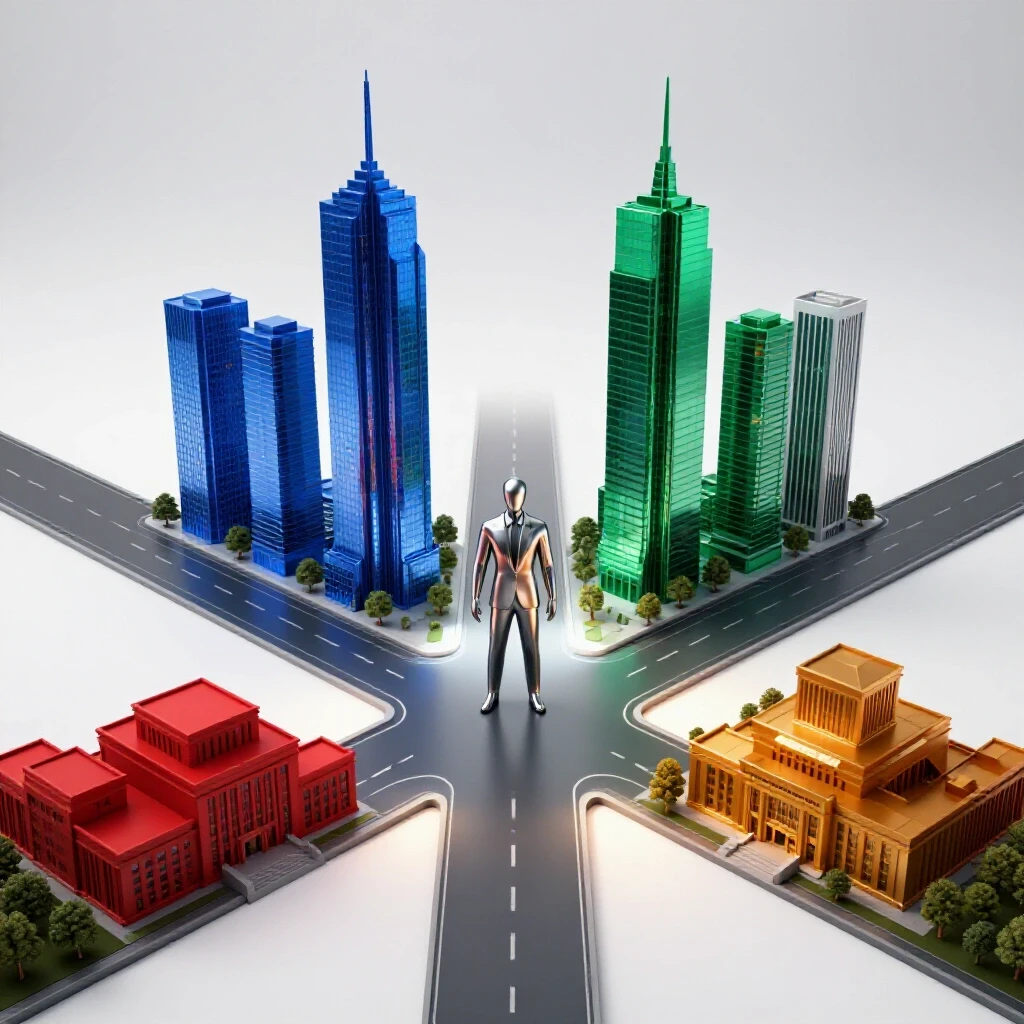 Two vibrant paths split at a crossroads: one leads to a corporate skyline, the other to an academic campus, with an abstract professional figure contemplating the decision.