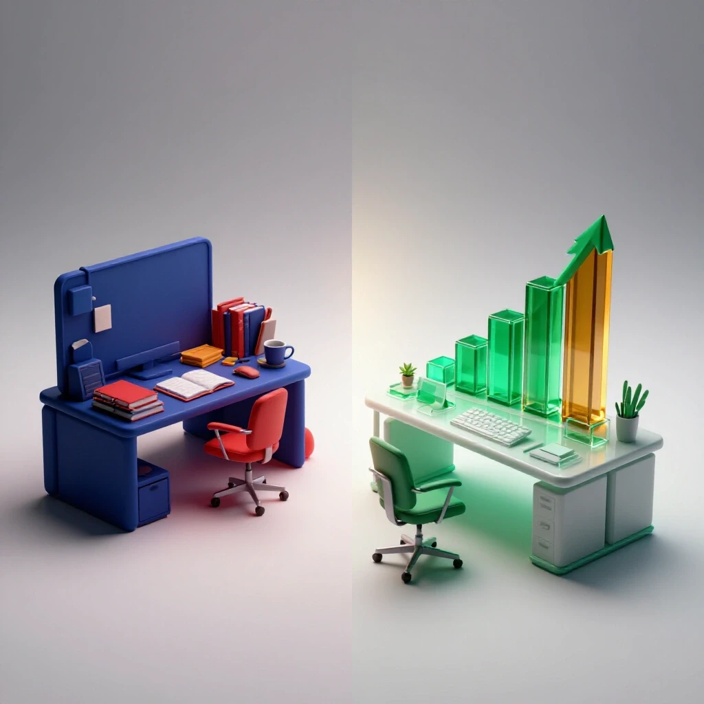 Split scene of a cluttered blue-red workspace transforming into a vibrant emerald office with career symbols