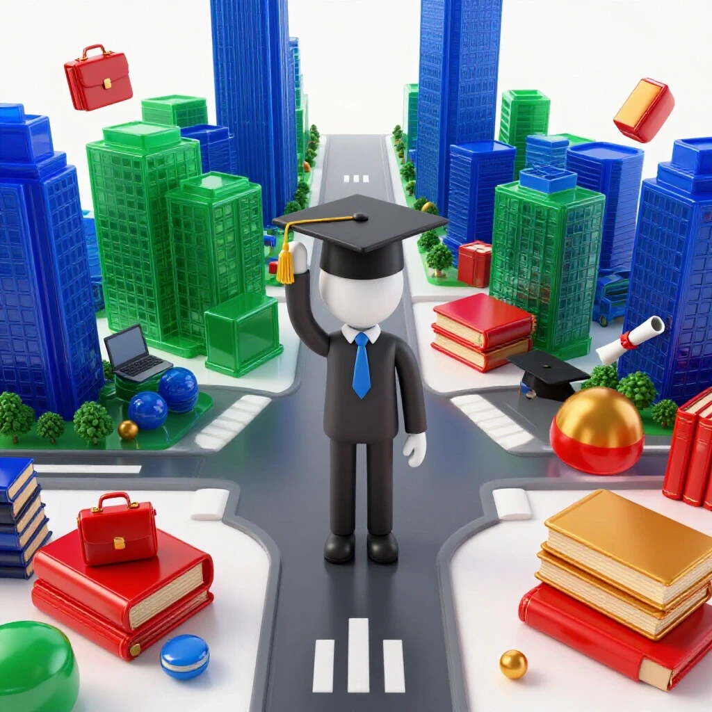 A crossroads with a Sims-style avatar holding a graduation cap, splitting to a vibrant city and a whimsical game world.
