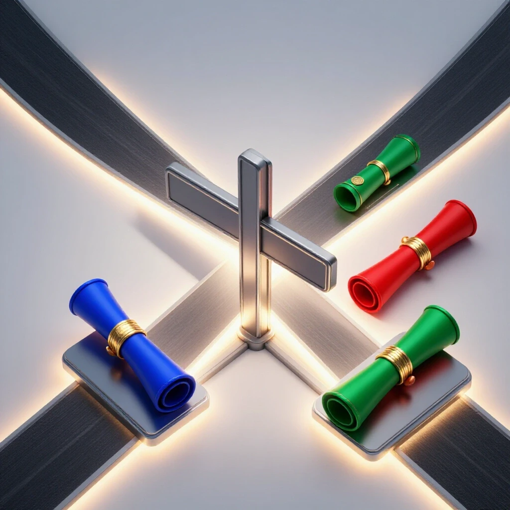 Glossy crossroads with single diploma on one path and two overlapping diplomas on another, all highly illuminated.