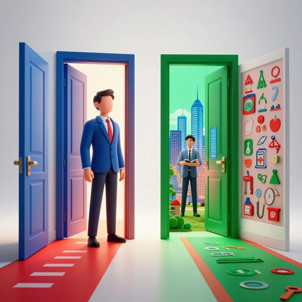 Split scene showing one figure at a single open door to a clear path and another at two diverging illuminated doorways, each revealing unique career landscapes.
