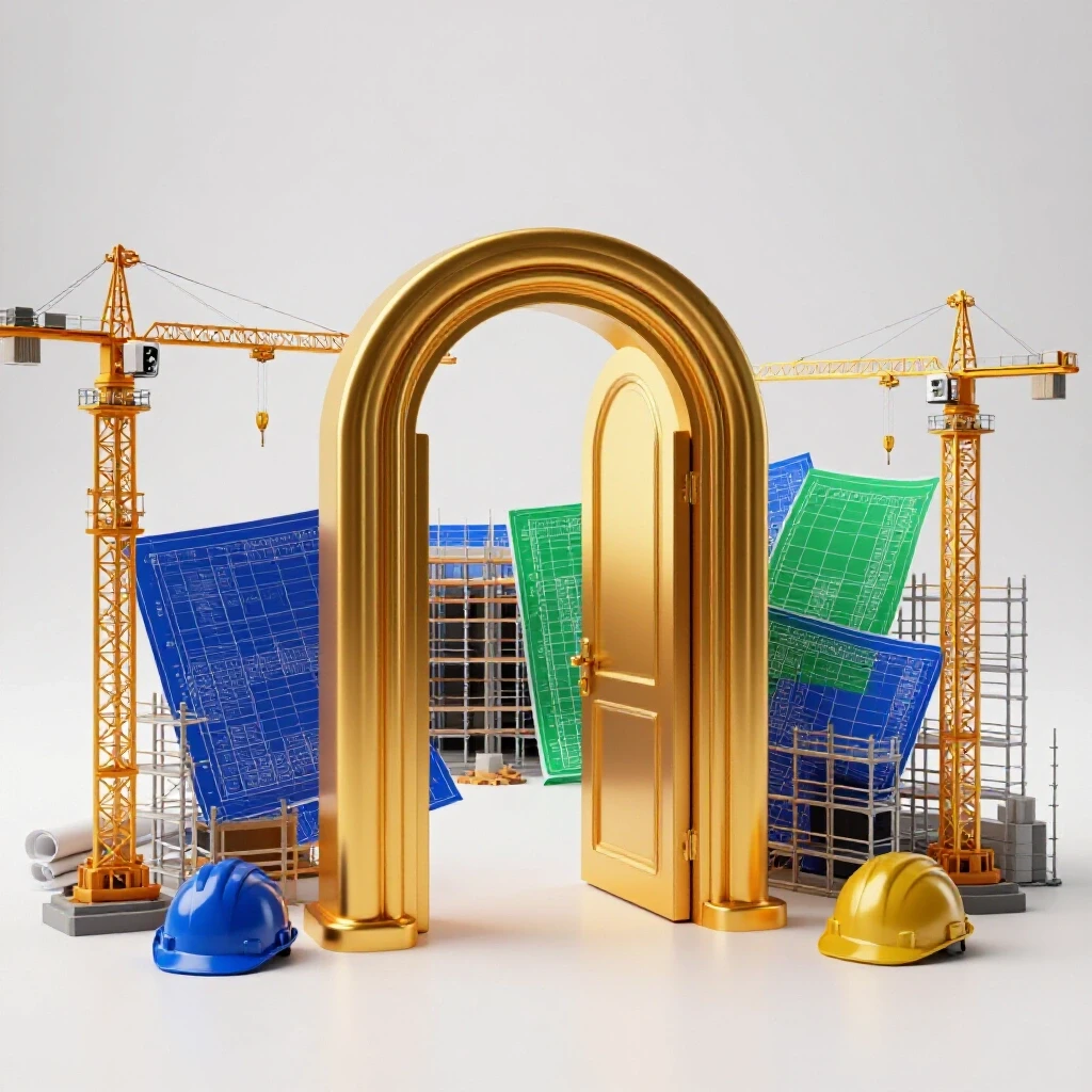 A golden entryway reveals a detailed construction site with cranes, blueprints, and safety helmets beyond it.