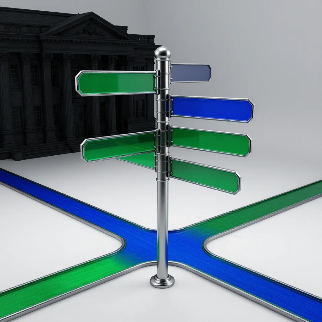Glossy 3D signpost at a crossroads with bright, vivid paths diverging from a dark academic building background.