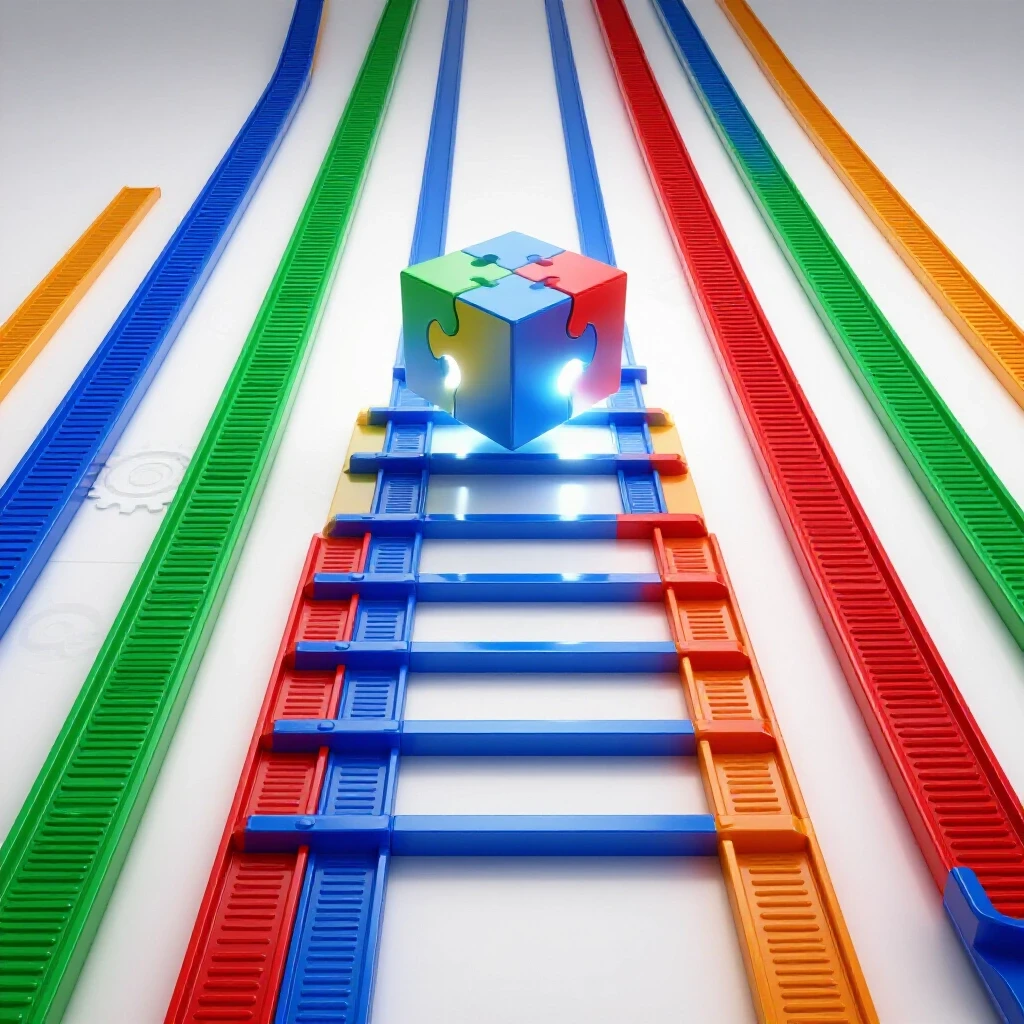 Colorful interlocking belts form an ascending path towards a glowing puzzle goal, with subtle gears and diagrams in a bright studio setting.