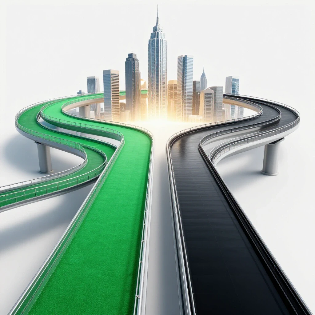 Glossy black belt bridge and upward-spiraling green pathway lead to a glowing skyline, symbolizing pivotal career choices.