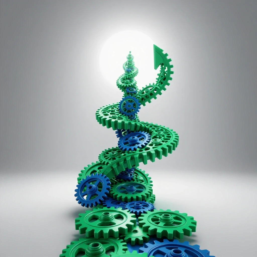 Emerald green gears form a winding upward path against a bright white background, symbolizing career growth with Six Sigma.