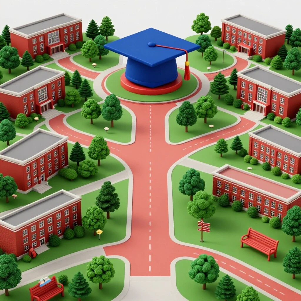 A winding path through a colorful campus landscape with branching routes, crossroads, and a graduation cap symbolizing varied college outcomes.