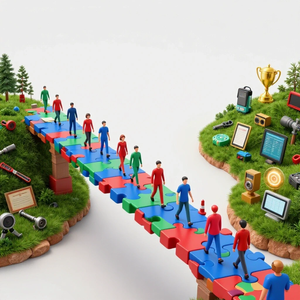Colorful interlocking puzzle bridge connects old skill symbols to modern icons with figures crossing, showing adaptability.