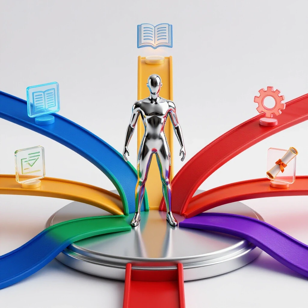 Abstract figure at the center of five vibrant branching pathways, each marked by bold skill icons on a bright white background.