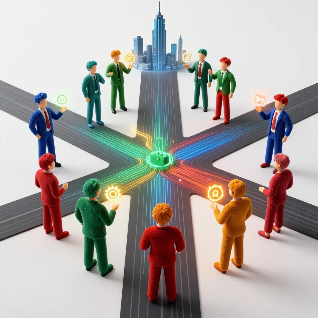 Dynamic crossroads with stylized avatars holding glowing skill icons, data streams flowing to a futuristic city.