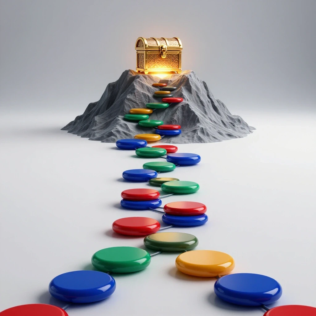A vivid pathway of colorful stepping stones leading up to a glowing treasure chest on a mountain, symbolizing mapping skills to salary rewards.