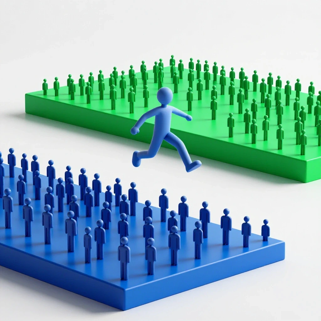Abstract figure leaps from a crowded blue lower platform to a sunlit green higher platform, symbolizing fast-tracking education.