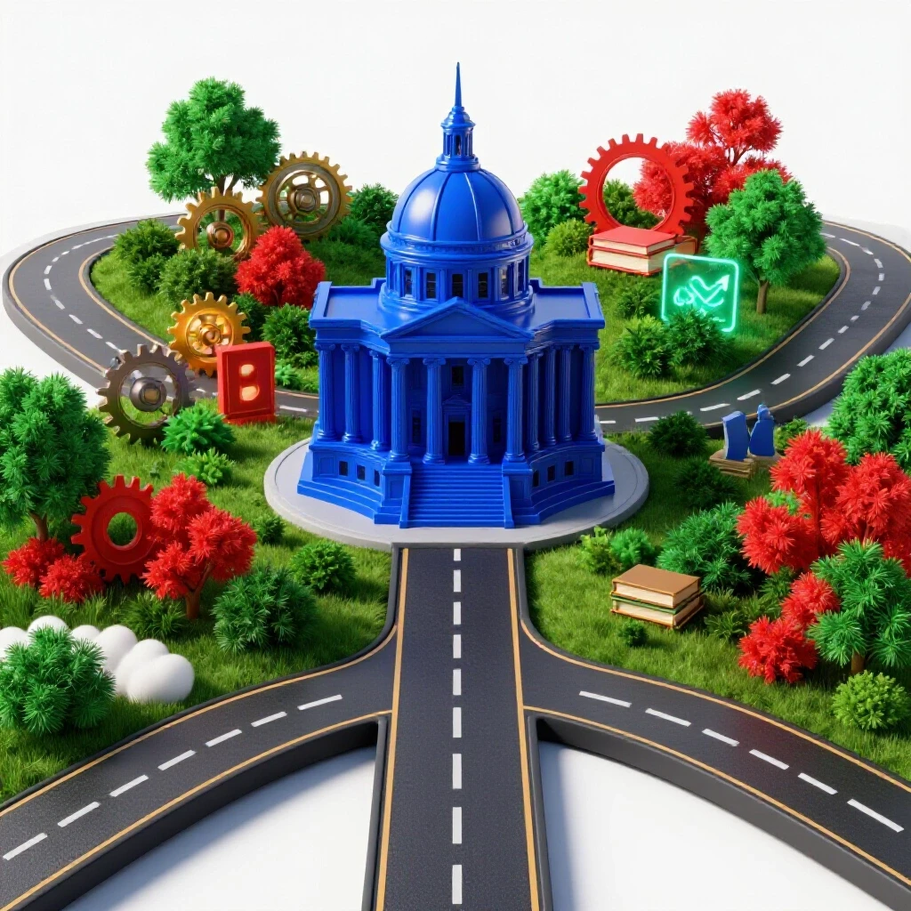 A crossroads with paths leading to a grand blue courthouse and a vibrant landscape of diverse opportunities, all on a bright background.