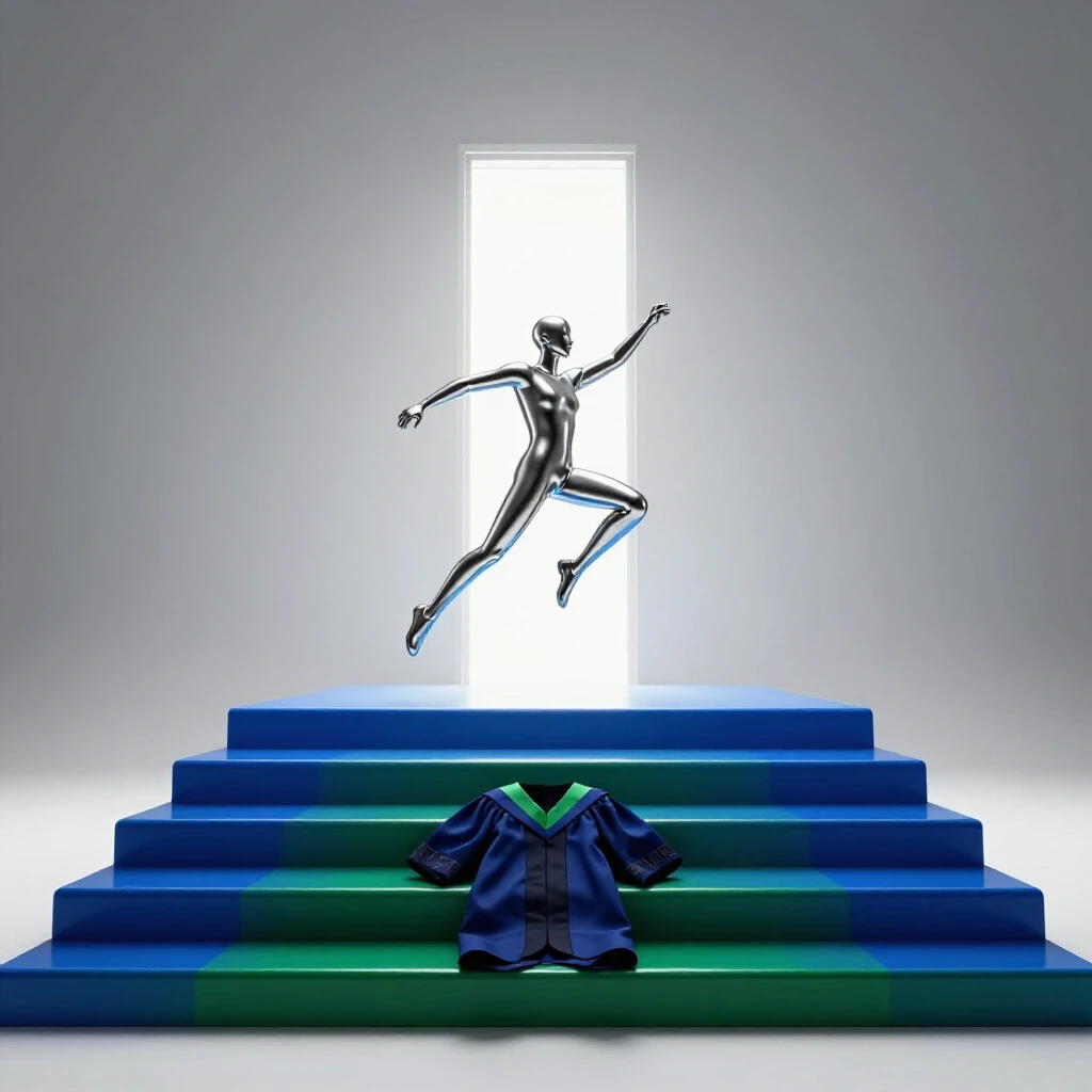 A dynamic figure leaps over colorful staircase steps toward a glowing doorway, leaving graduation robes behind.
