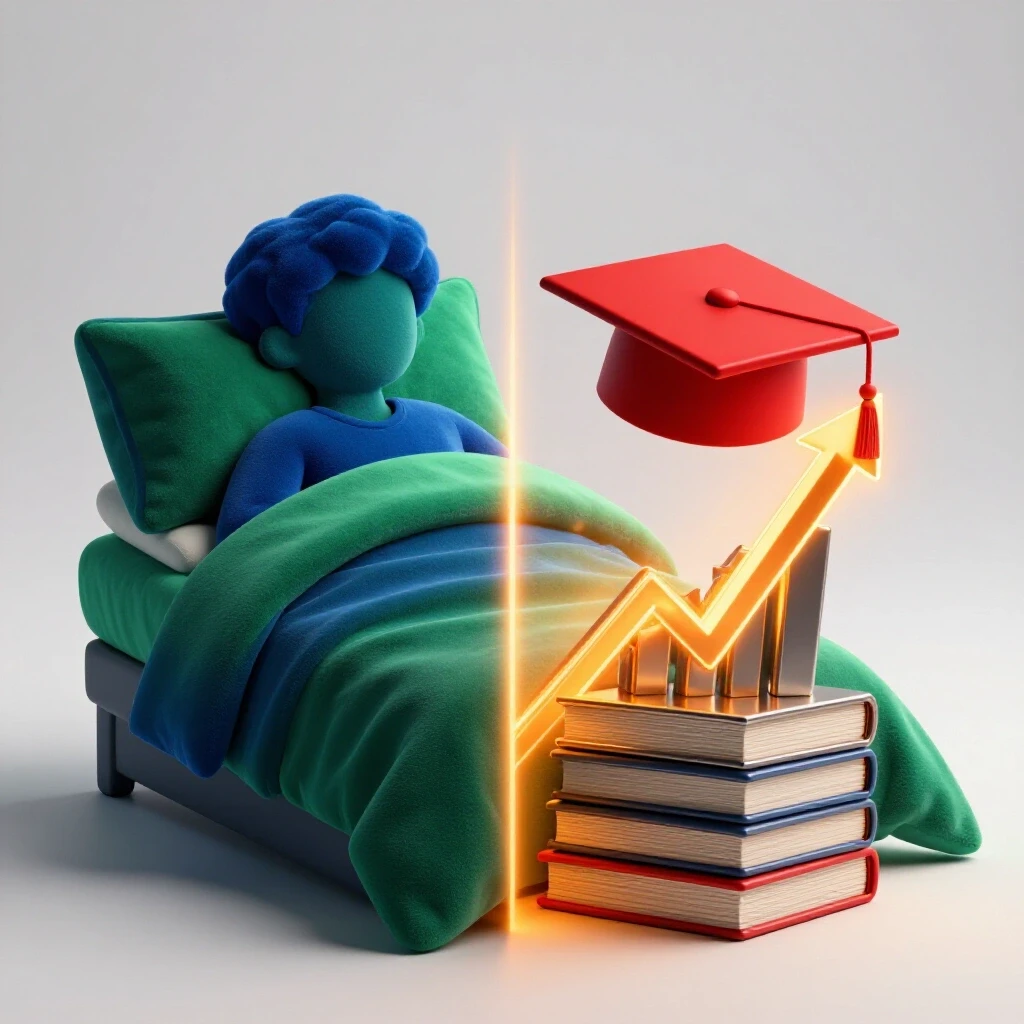 Split image with student silhouette-shaped bed on one side and glowing academic symbols on the other, contrasting rest and achievement.