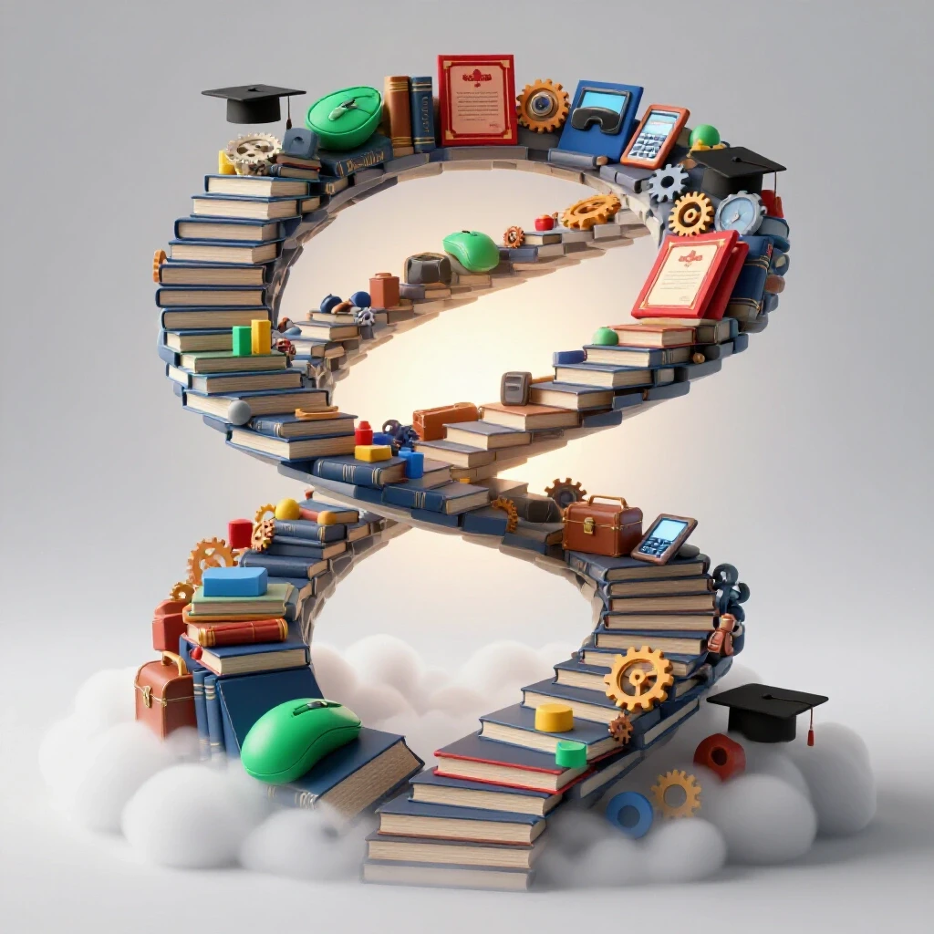 Vivid staircase of educational tools and symbols ascends through soft mist toward a glowing horizon.