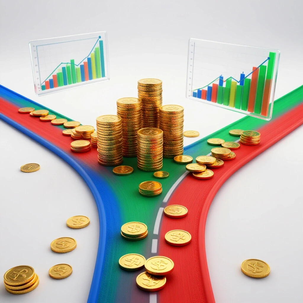 A crossroads with two vivid paths, one rising steeply with gold coins, surrounded by floating financial charts and graphs.