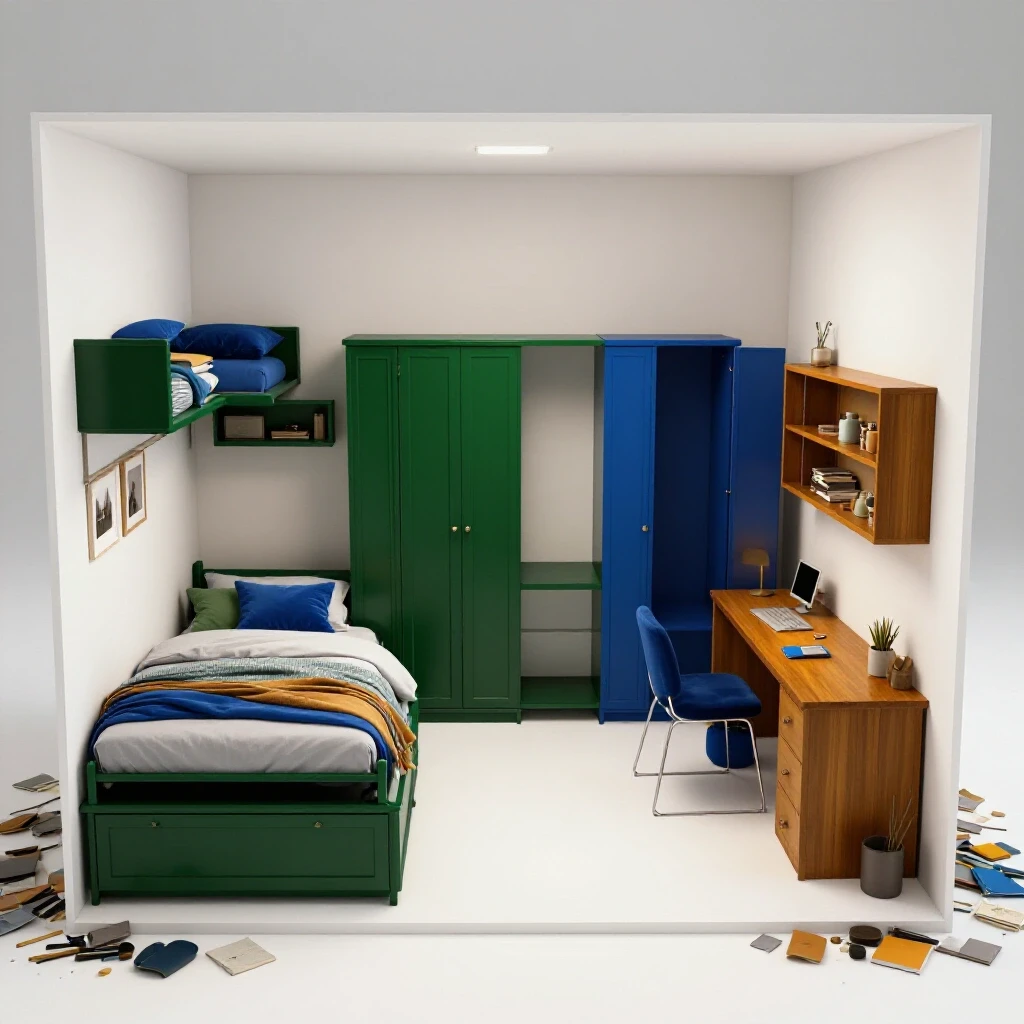 Sunlit dorm room split into functional zones with bold colored furniture and clever storage solutions.