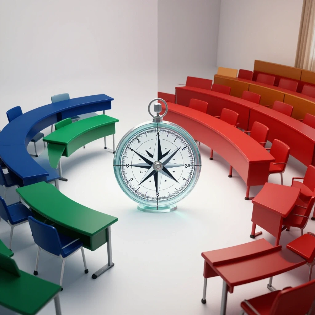 Split scene showing a compact classroom and a large lecture hall with a decision compass between them.