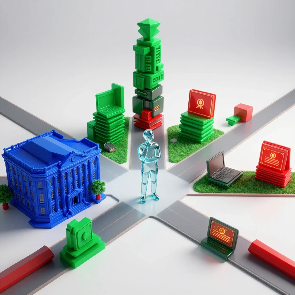 A bright crossroads with a blue university building on one side, alternative learning icons on the other, and an abstract figure at the center
