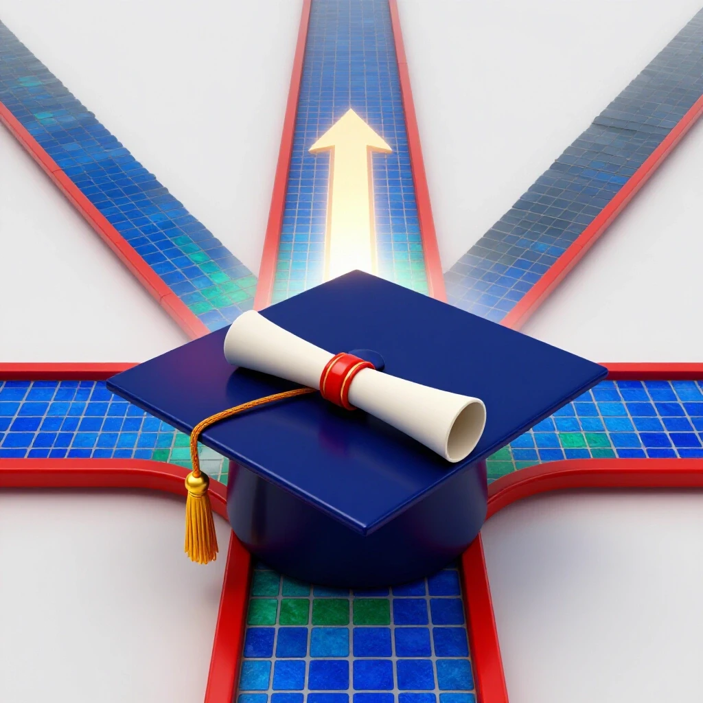 Graduation cap and diploma at a crossroads with bright path leading to opportunities and another fading into uncertainty.