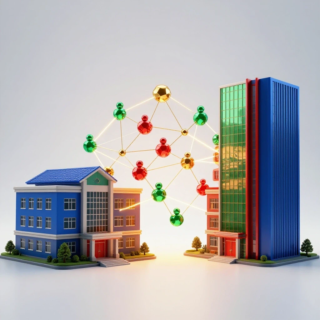 Deep-hued school and corporate buildings linked by glowing threads and geometric nodes symbolizing social capital