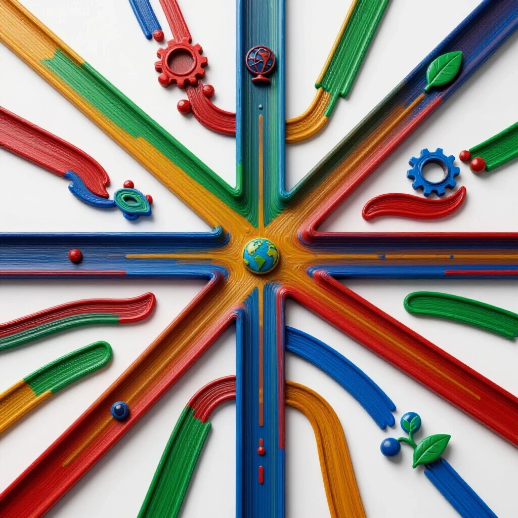 Interconnected, vividly colored pathways and abstract icons radiate from a central crossroads on a bright background
