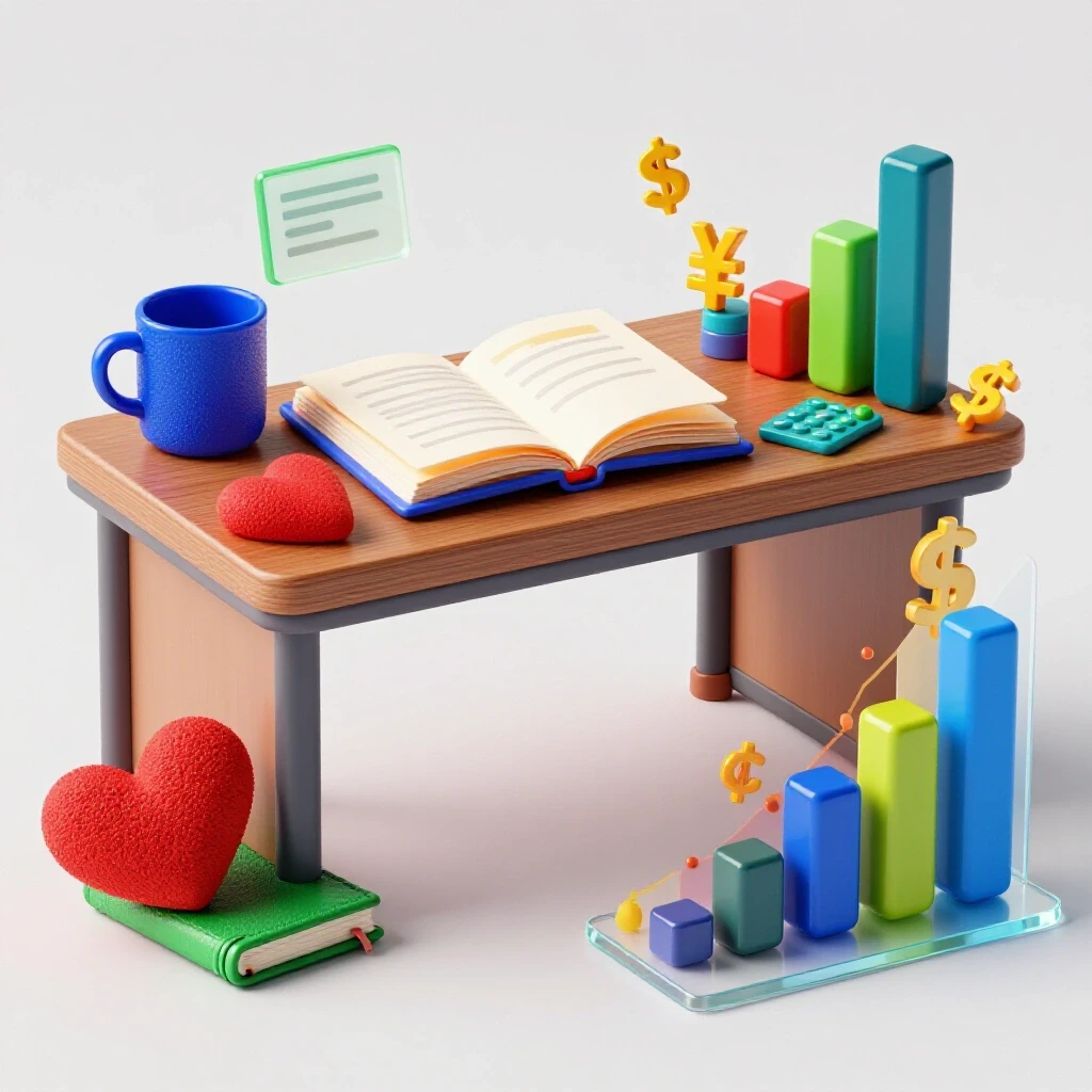 Split 3D scene contrasting a social work desk with charts, currency symbols, and bold colored objects.