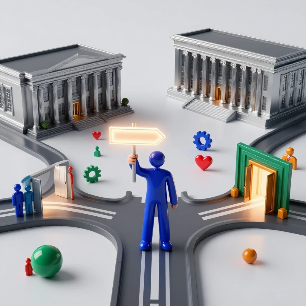 Abstract figure at crossroads with signpost, community icons, academic building, and open pathways