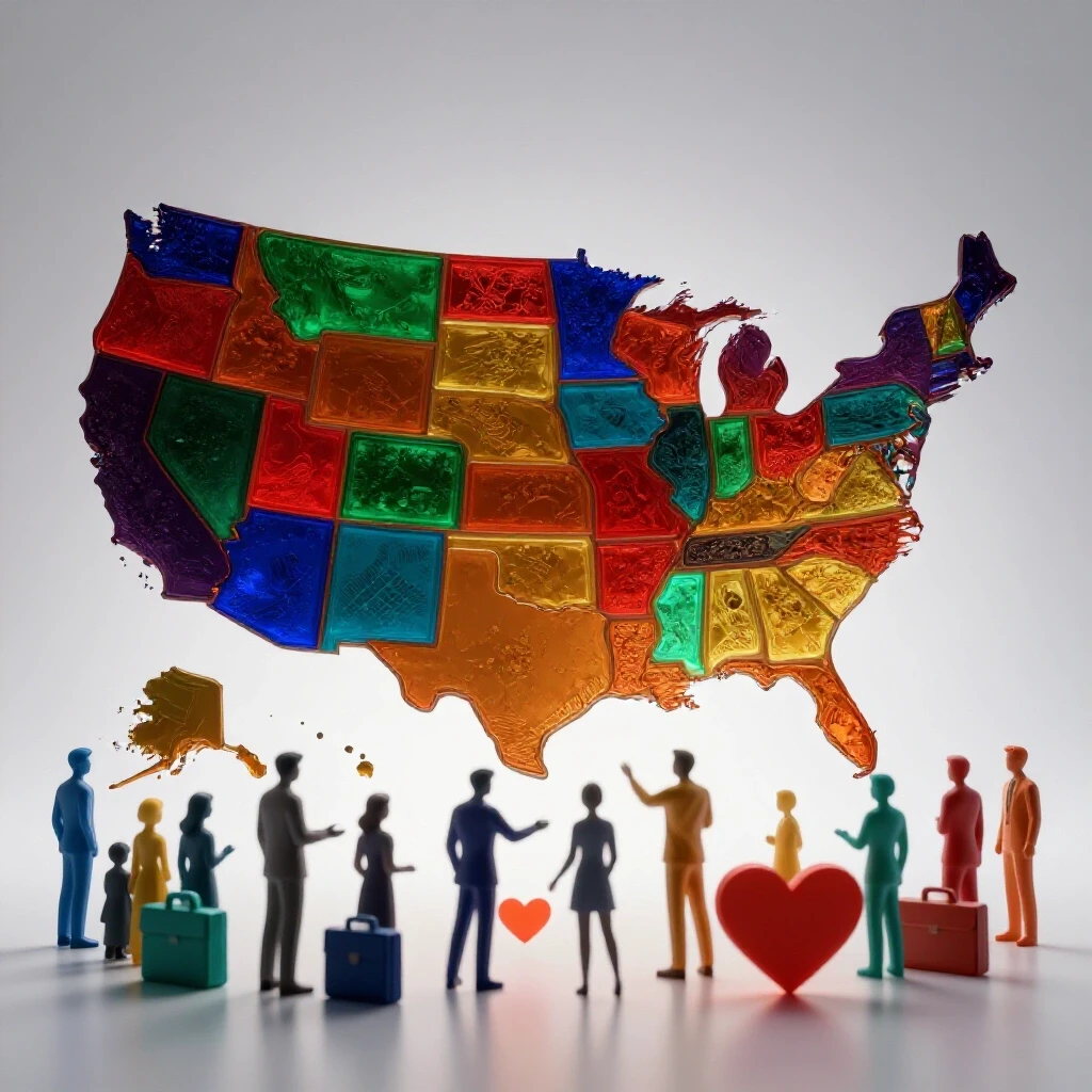 Map of the United States with glowing colored states and abstract symbols representing social work, on a bright background.