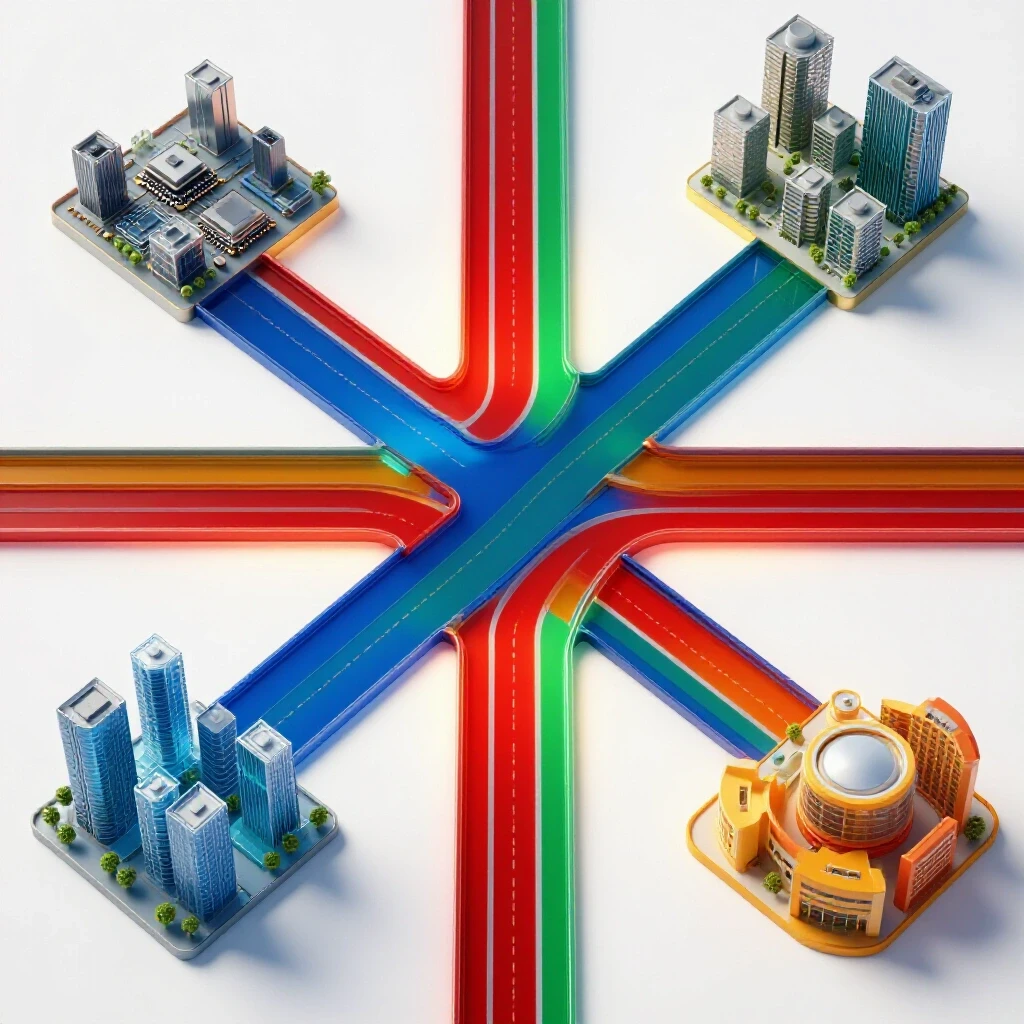 Bold crossroads featuring saturated pathways branching to tech, urban planning, community, and corporate symbols.