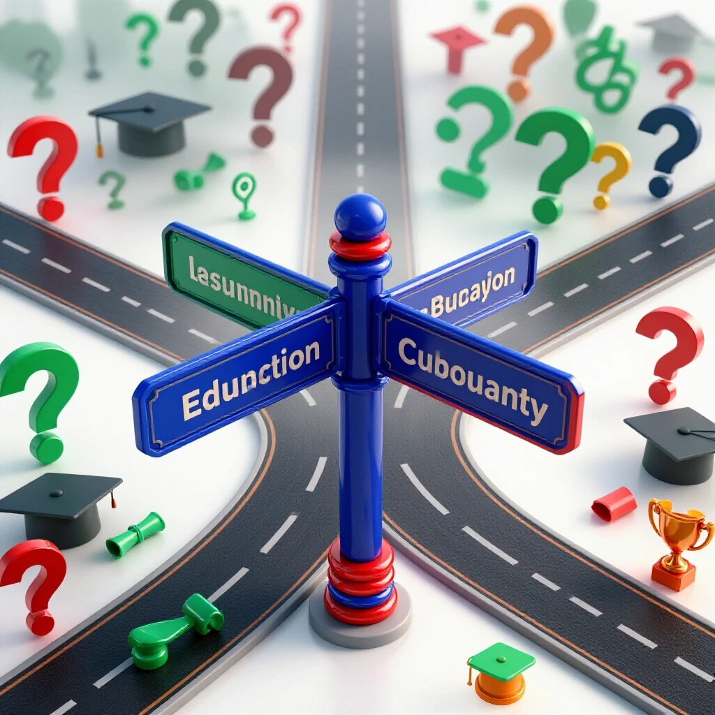 Colorful crossroads with a signpost, one path foggy with symbols of uncertainty, the other leading to bright academic success icons.