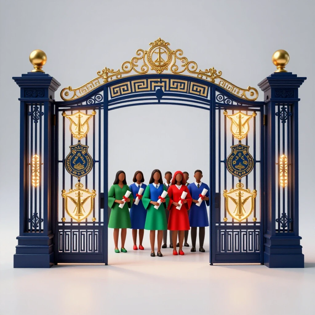 Ornate Greek-life gate flanked by vibrant sorority symbols and diploma-holding students standing outside