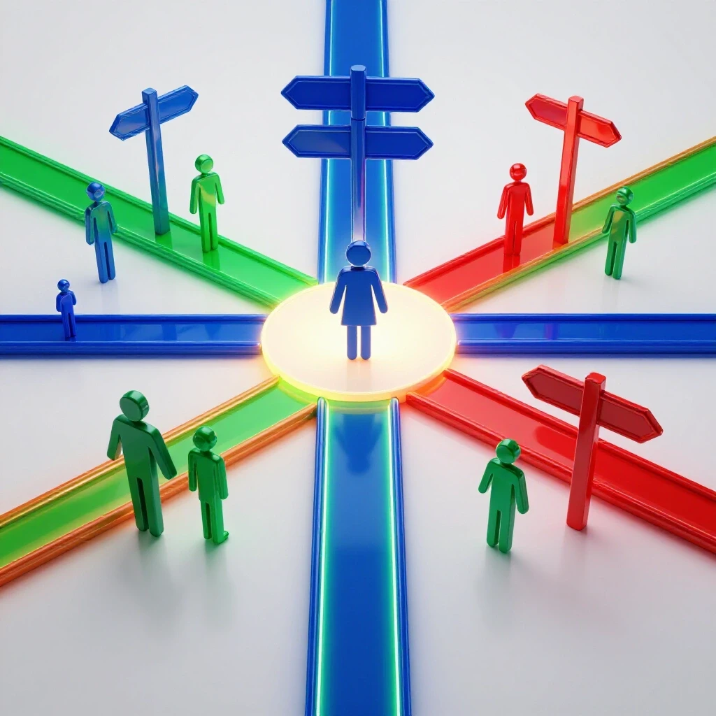 Central crossroads with vibrant branching pathways and abstract figures guiding toward illuminated career routes on a bright, clean background.