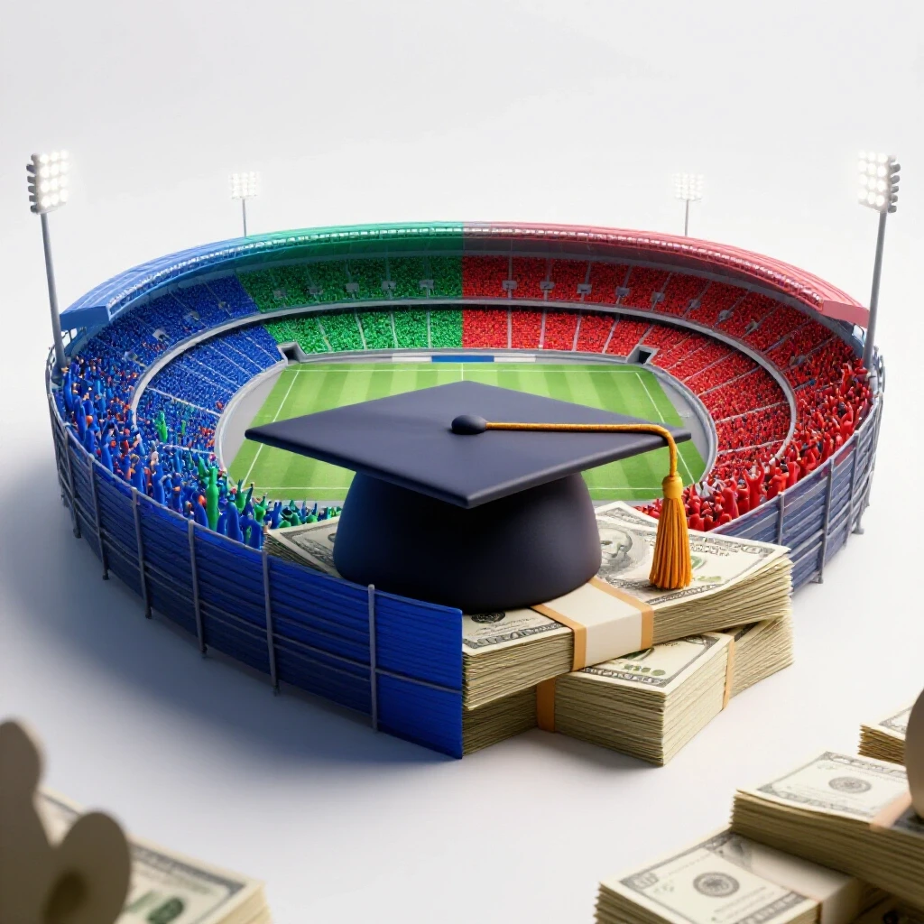 Dramatic split sports stadium scene with vibrant fans on one side and a graduation cap on stacked money on the other, all brightly lit.