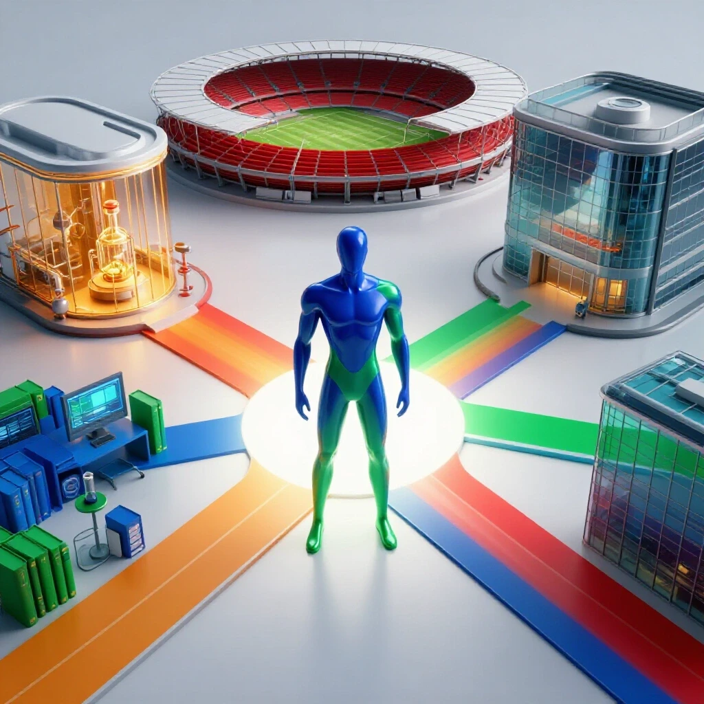 Central athletic figure at crossroads with paths to sports stadium, research lab, classroom, and corporate office