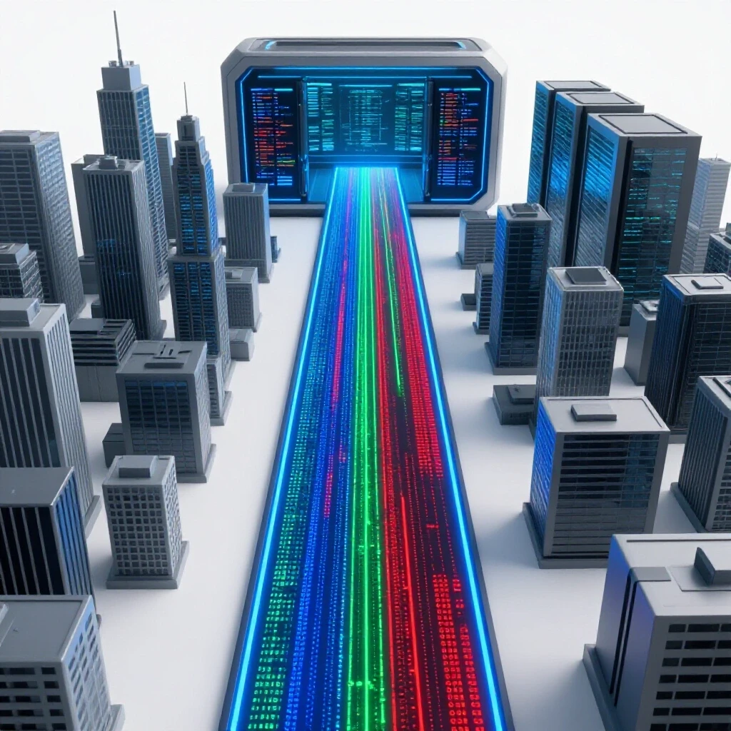 Vivid pathway of glowing data streams leading from a chaotic cityscape to a futuristic data center