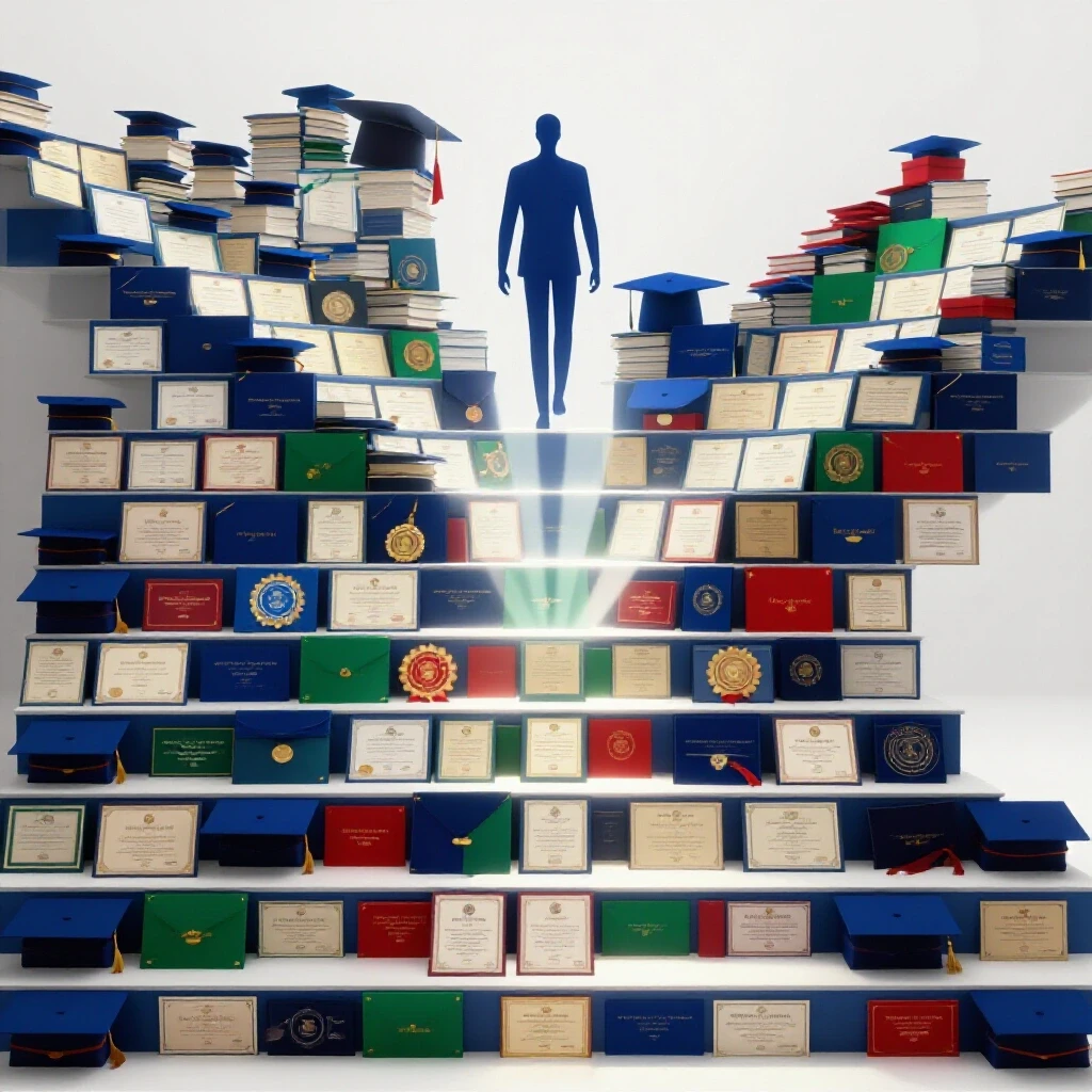 Stacked diplomas, certificates, and badges form an upward staircase with radiant beams and an abstract figure ascending.