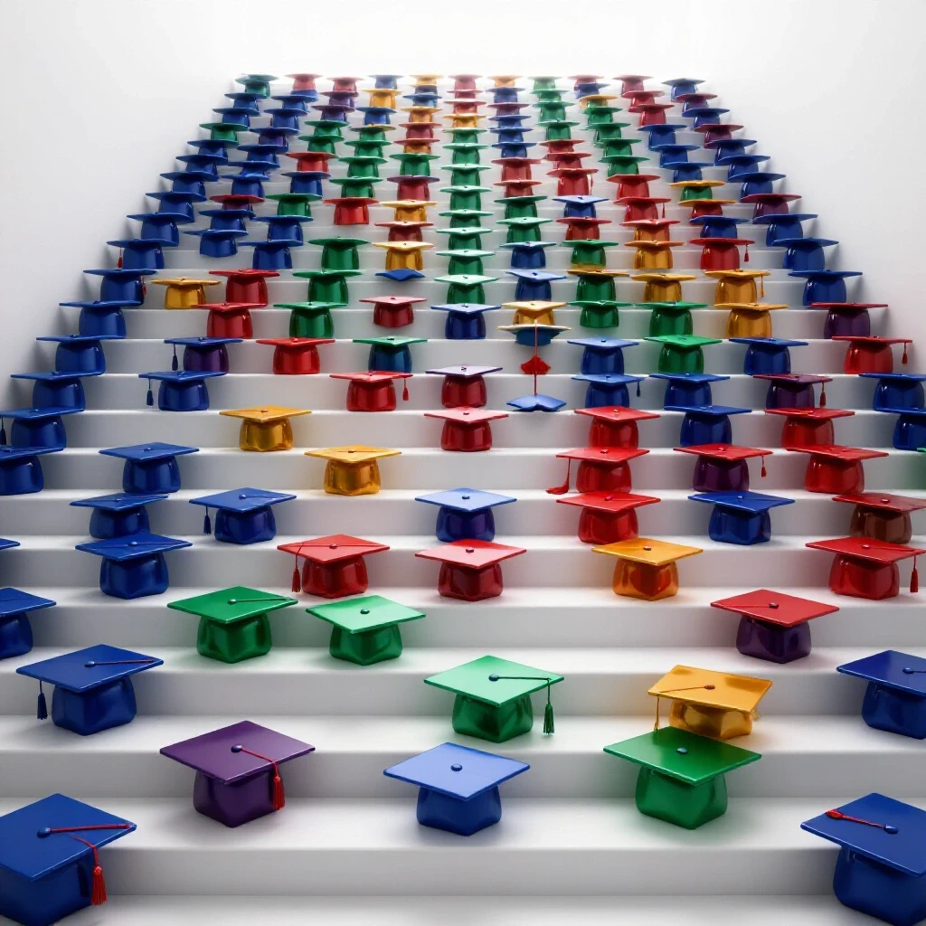Staircase of glossy, colorful graduation caps ascending into a bright horizon on a white background