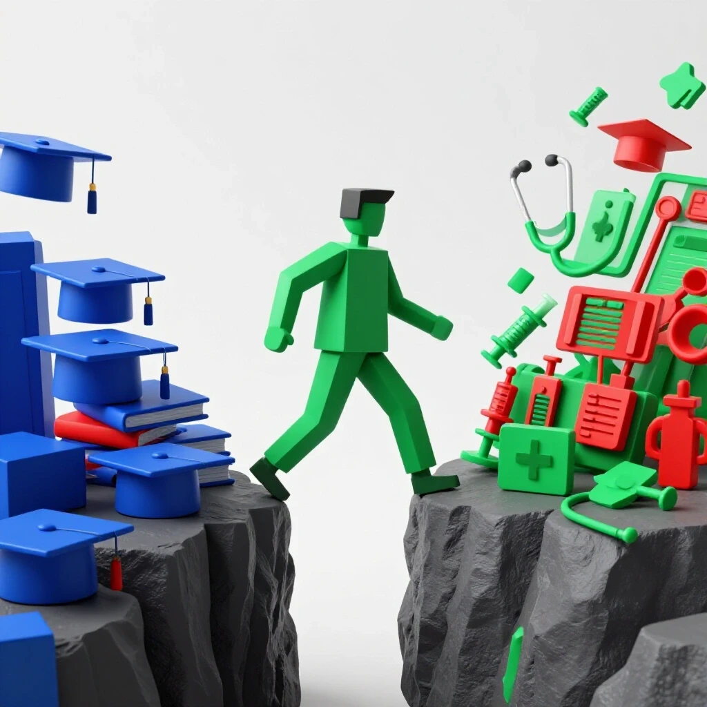 Abstract figure steps across gap between academic symbols and diverse healthcare icons in bright studio setting.