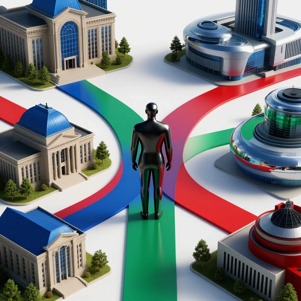 A vibrant crossroads with abstract midlife figure choosing between traditional academic buildings and modern innovation hubs, set against a bright, clean background.