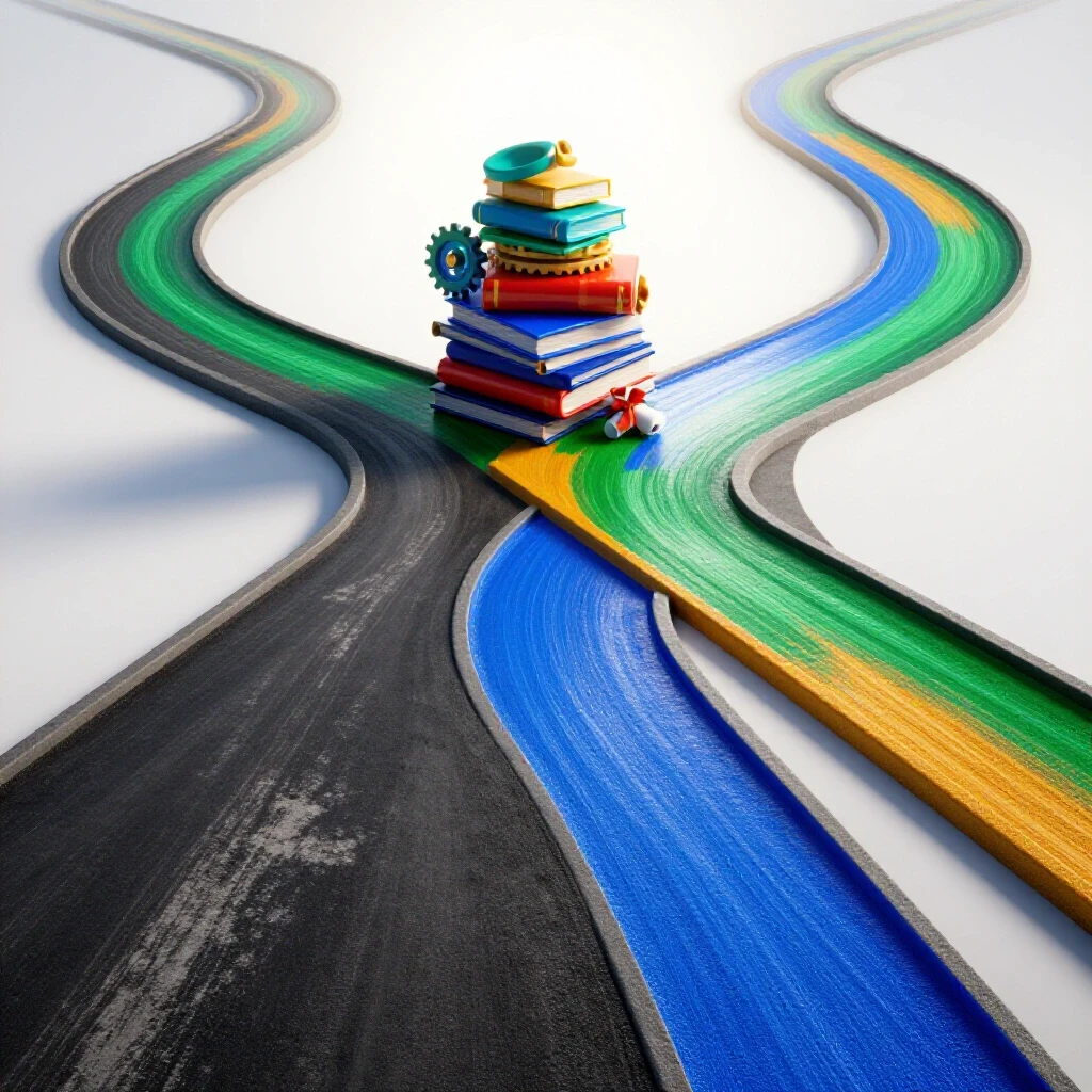 Two vividly colored paths diverge at a crossroads with symbolic objects representing career transformation on a bright background.