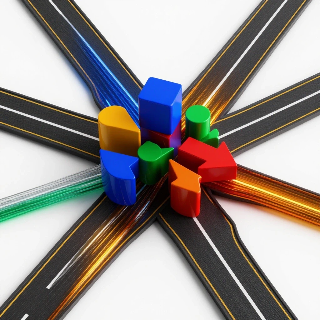 Vivid crossroads with colored geometric shapes at the center connected by distinct lifelines symbolizing various state aid types.