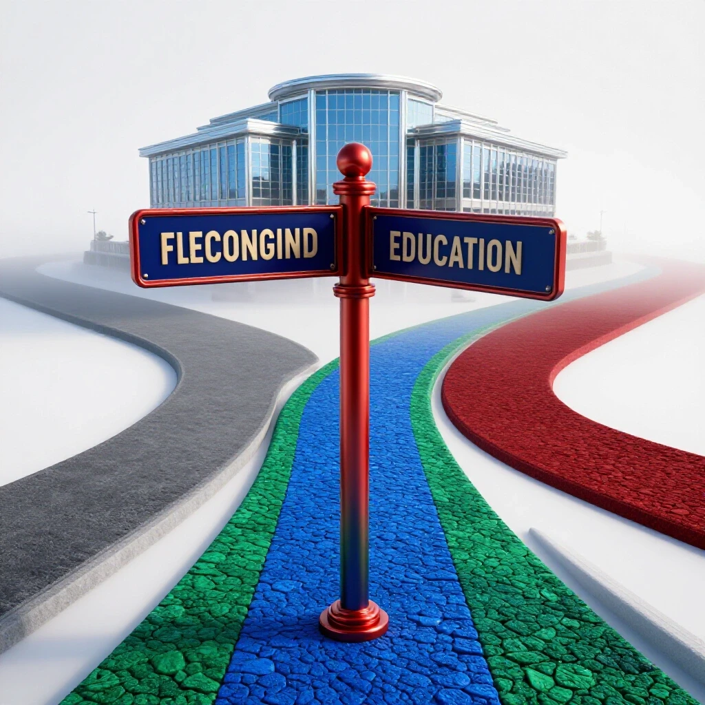Glossy signpost at a vibrant crossroads highlights a bright path toward a gleaming institution ahead.