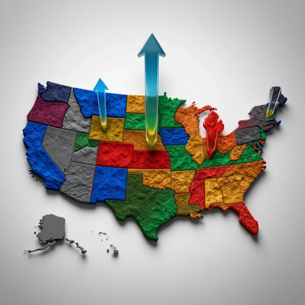Vibrant US map with glowing states and dynamic arrows rising and falling, symbolizing state-by-state ROI differences.