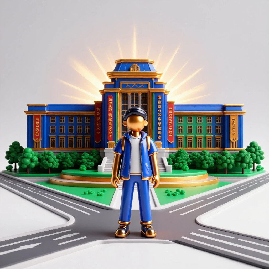 Stylized student at crossroads with one path leading to a radiant university building under bright lighting