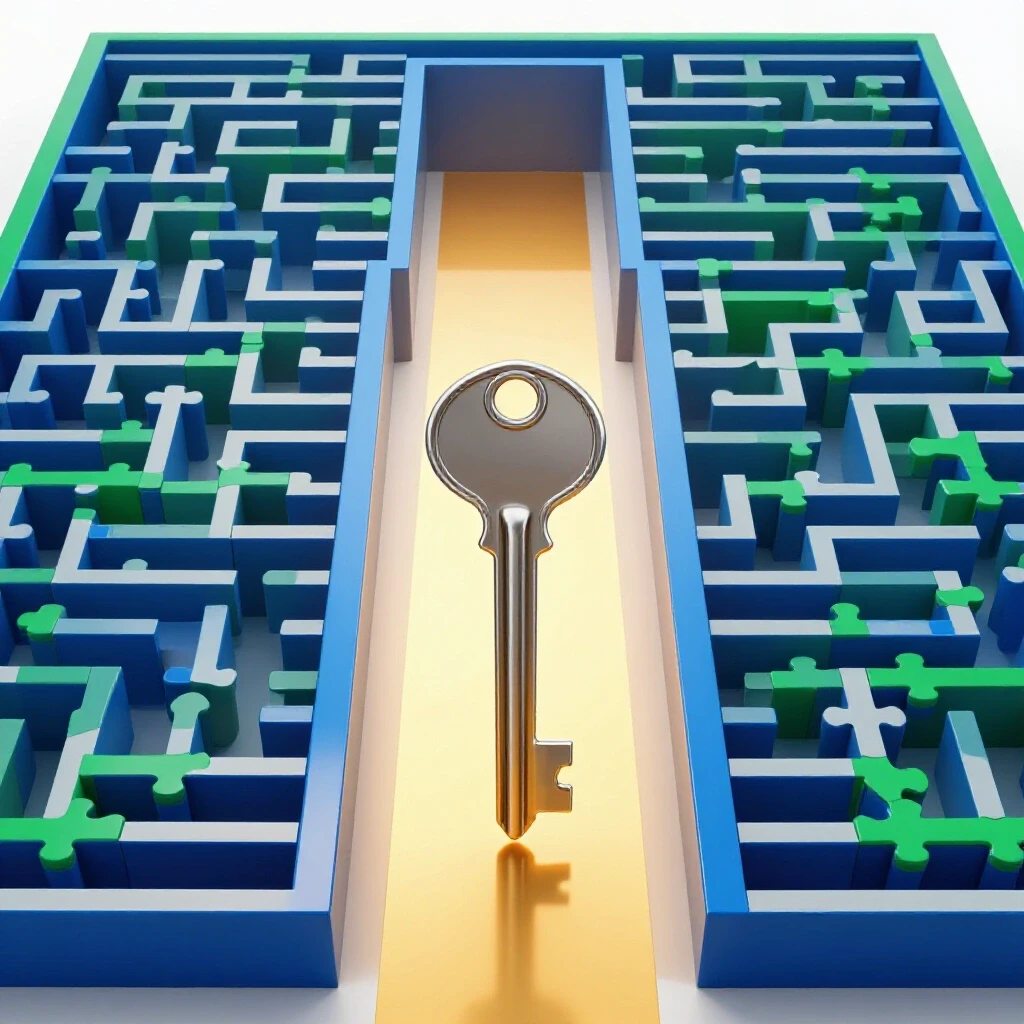 A shiny metallic key stands at the entrance to a vibrant puzzle maze with a clear, glowing path emerging forward.