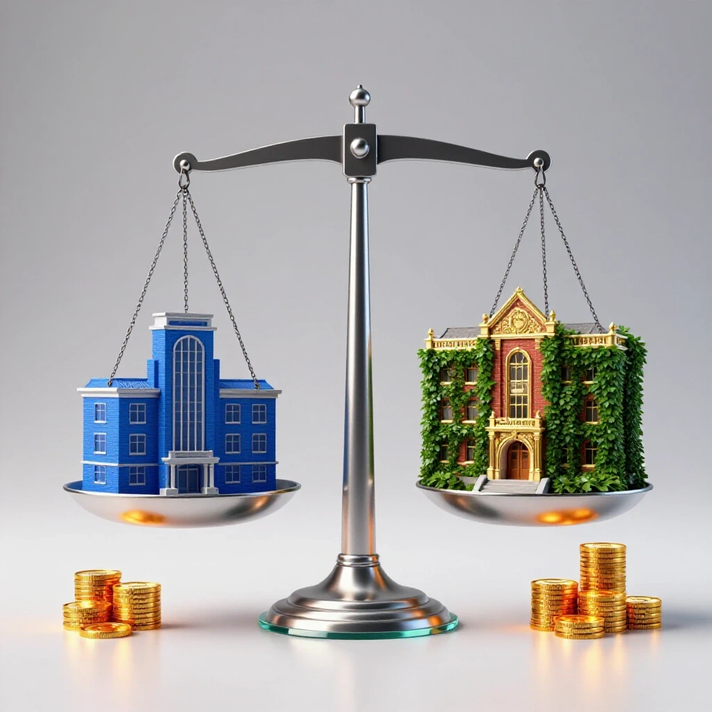 Balanced metallic scale weighing a state school building and an ivy-covered elite university against stacks of glowing coins in a bright, clean studio setting.